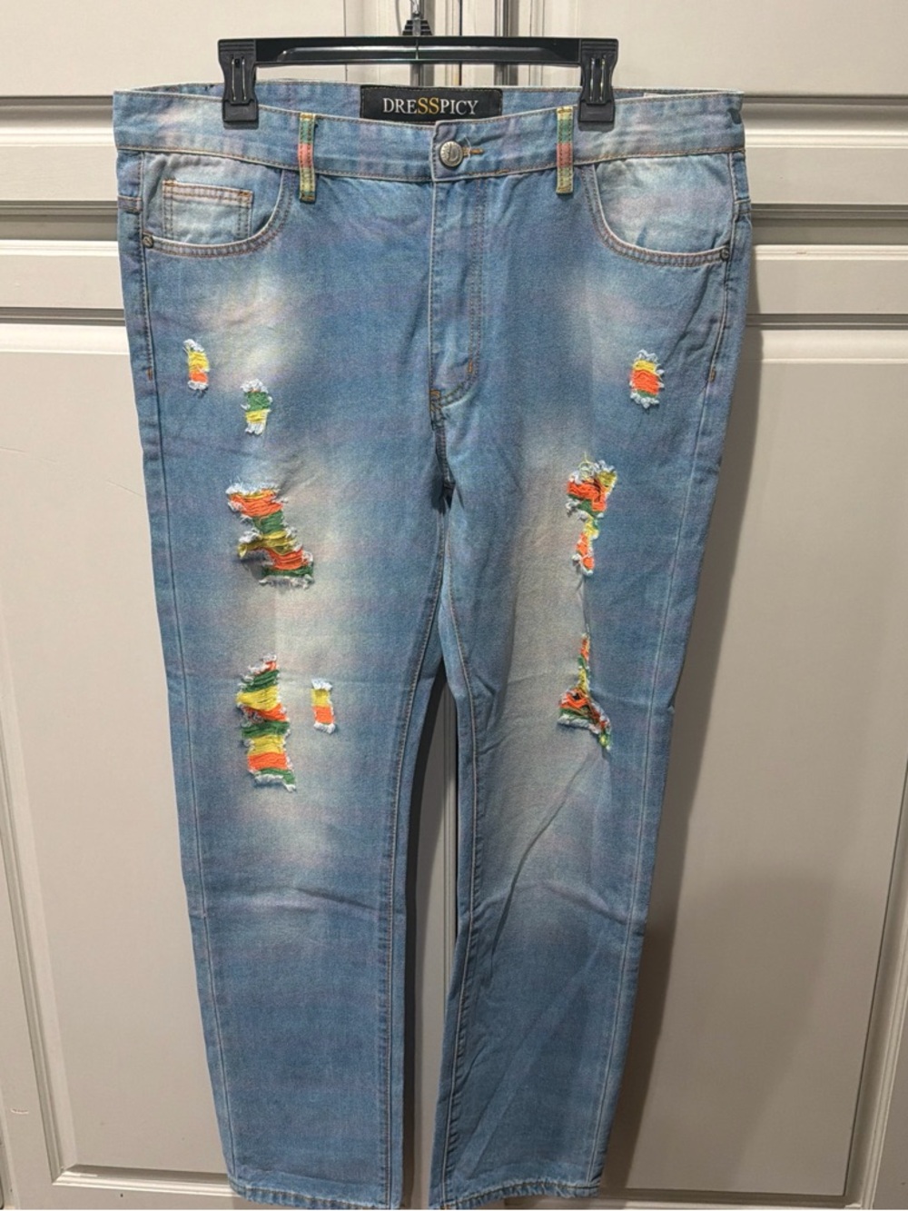 Light Blue Distressed Men's Jeans with Multicolor Patch Details 36/30